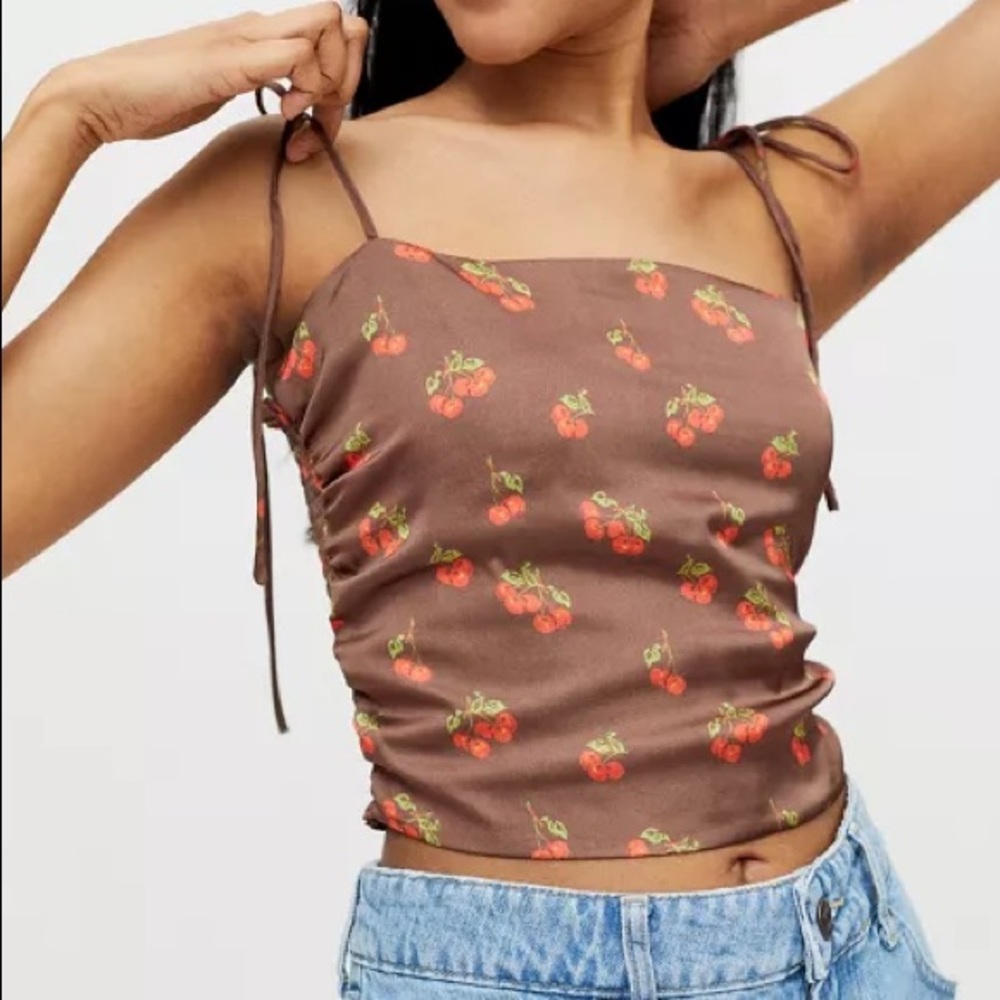 Urban Outfitters UO Cherry Tie Strap Cami - Brown Satin Printed Tank Top